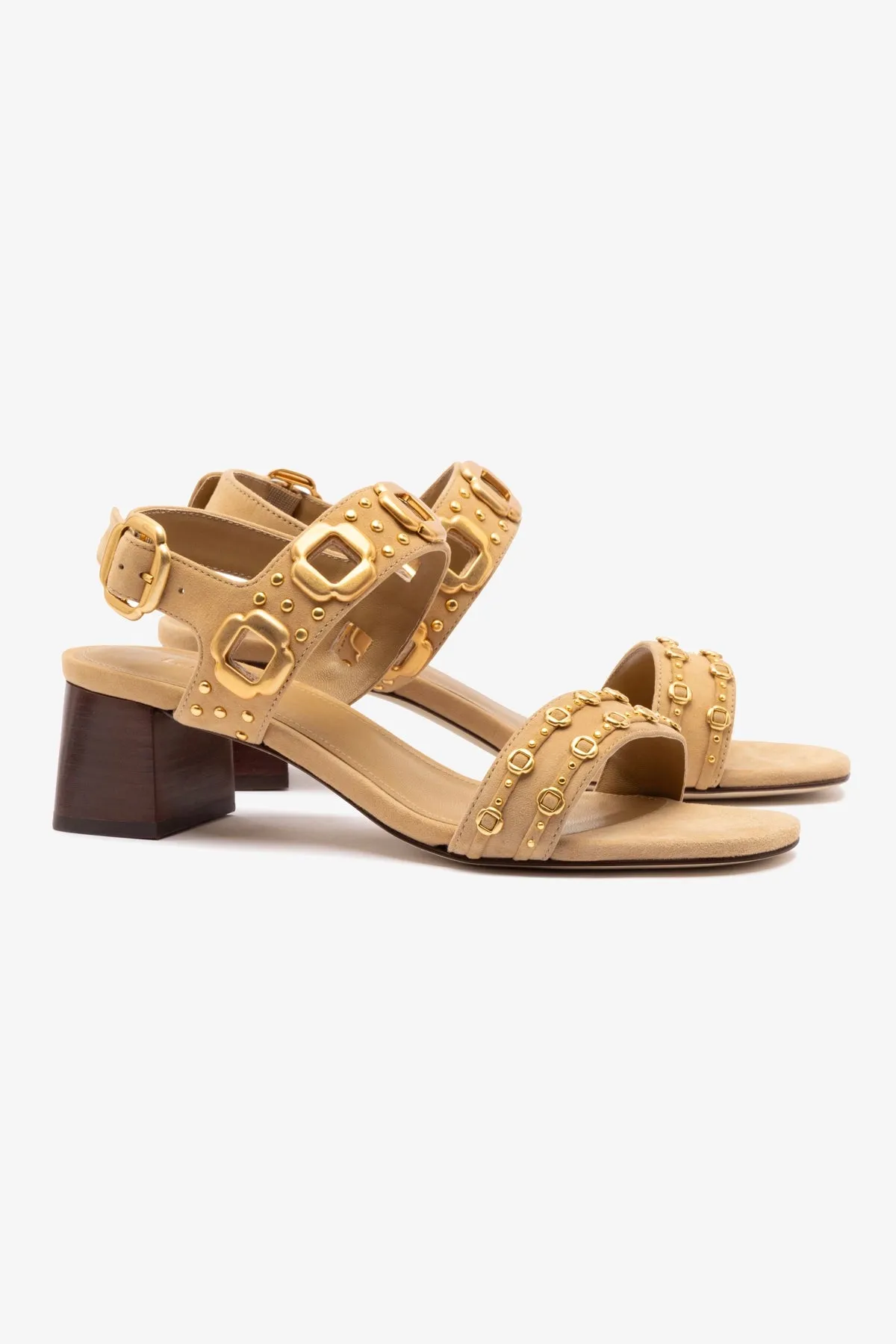 Milan Studs Block Sandal In Peanut Suede