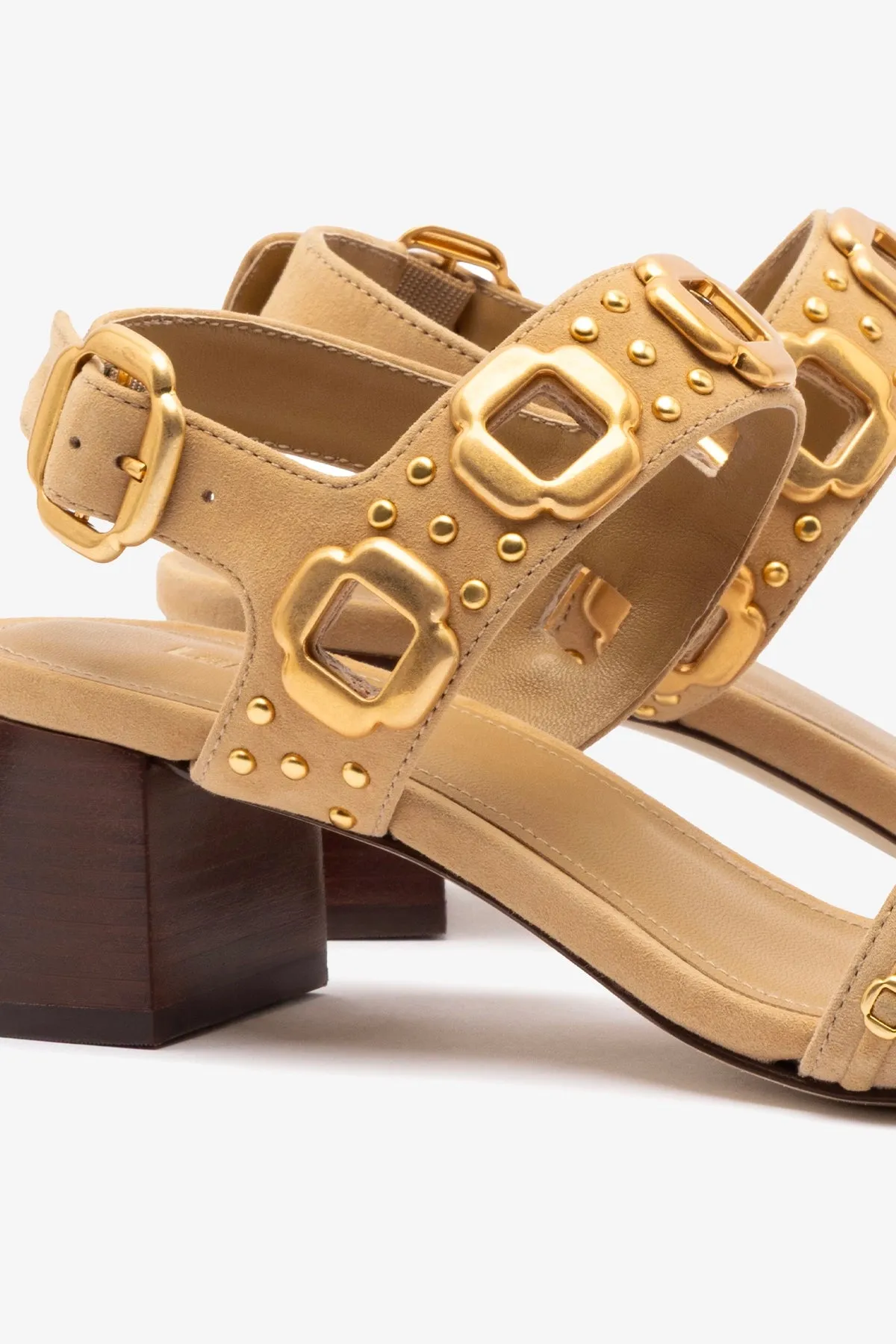 Milan Studs Block Sandal In Peanut Suede