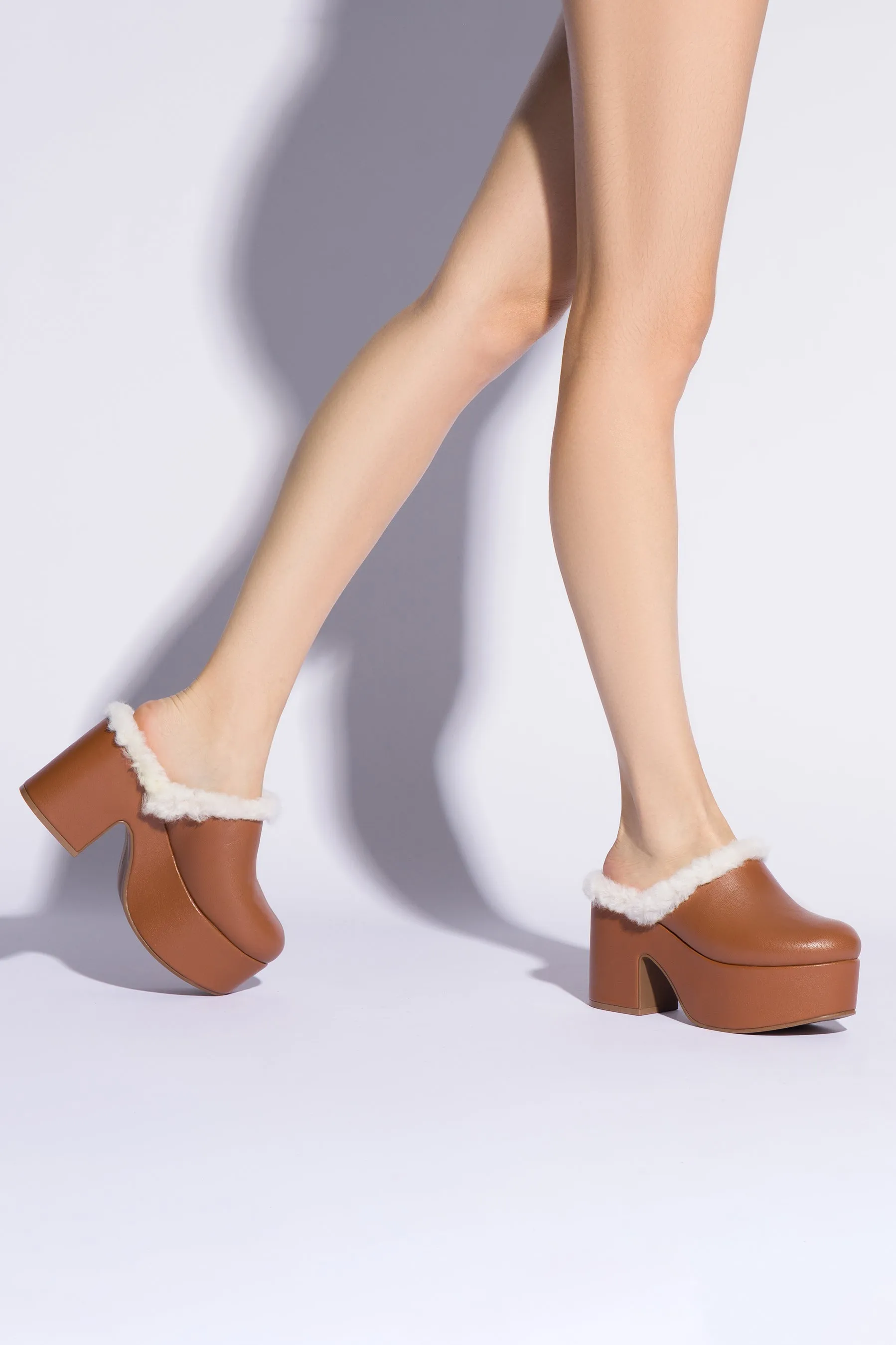 Miso Platform Clog In Caramel Leather and Natural Shearling