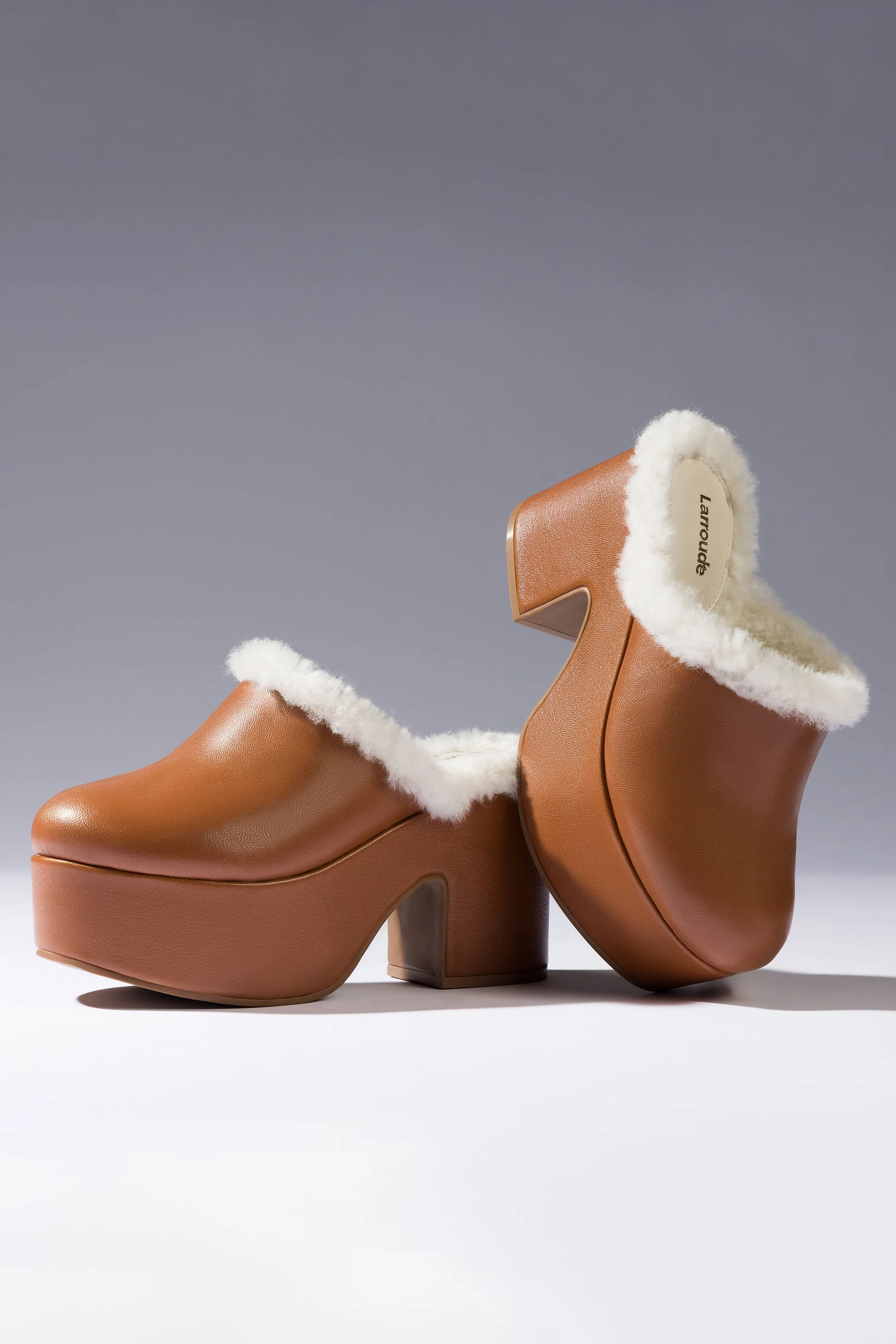 Miso Platform Clog In Caramel Leather and Natural Shearling
