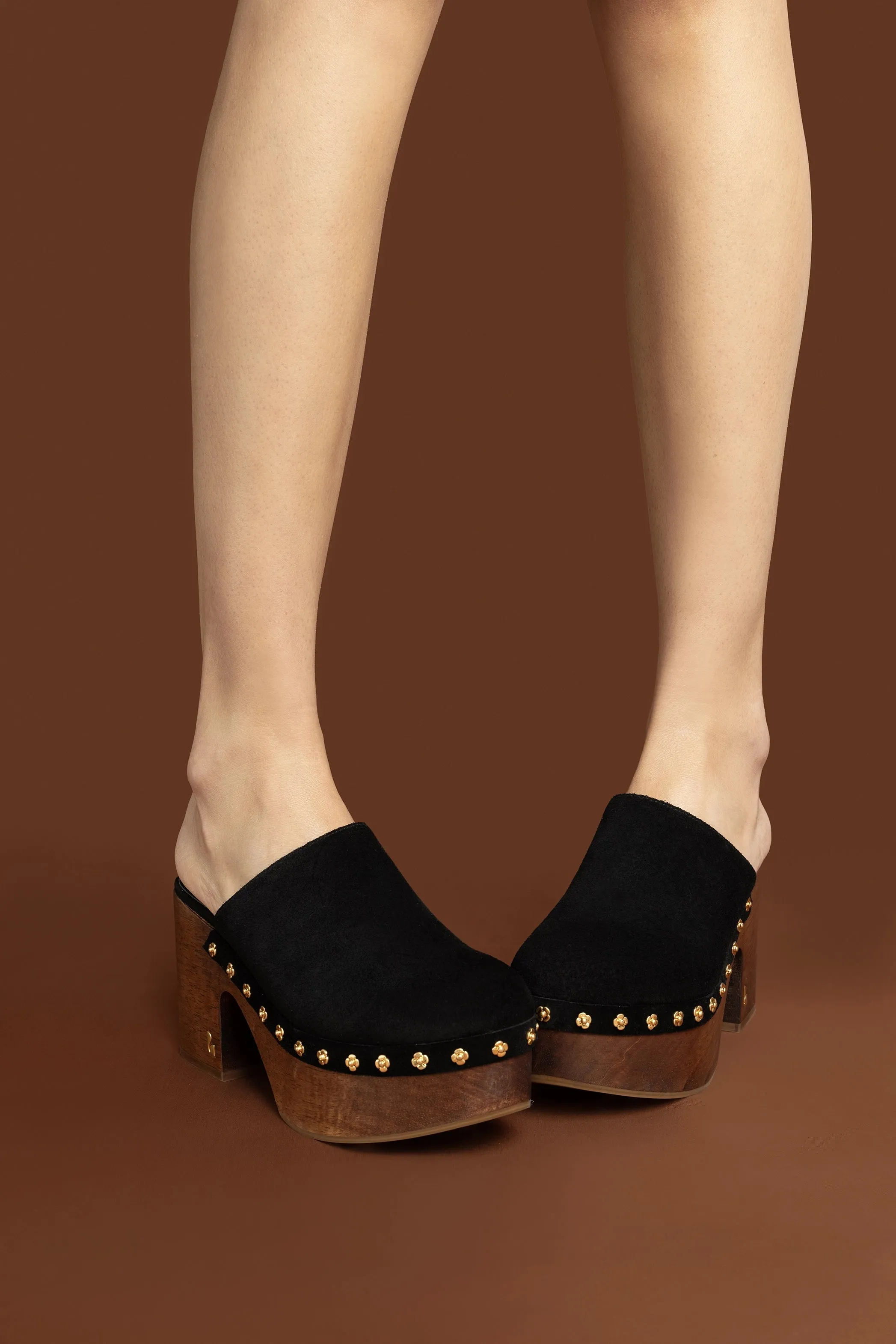 Miso Wooden Platform Clog In Black Suede