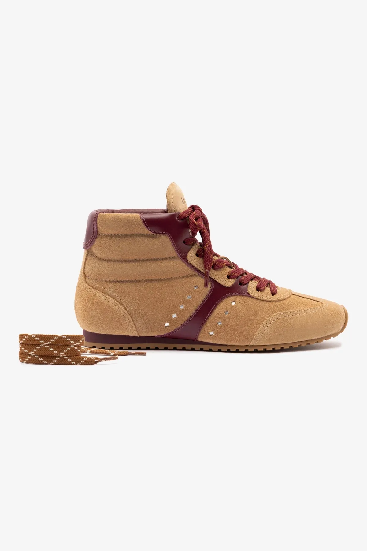 Stella Mid Sneaker In Peanut Suede and Burgundy Leather