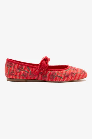 Verona Ballet Flat In Raspberry Striped Fabric and Cherry Embroidery