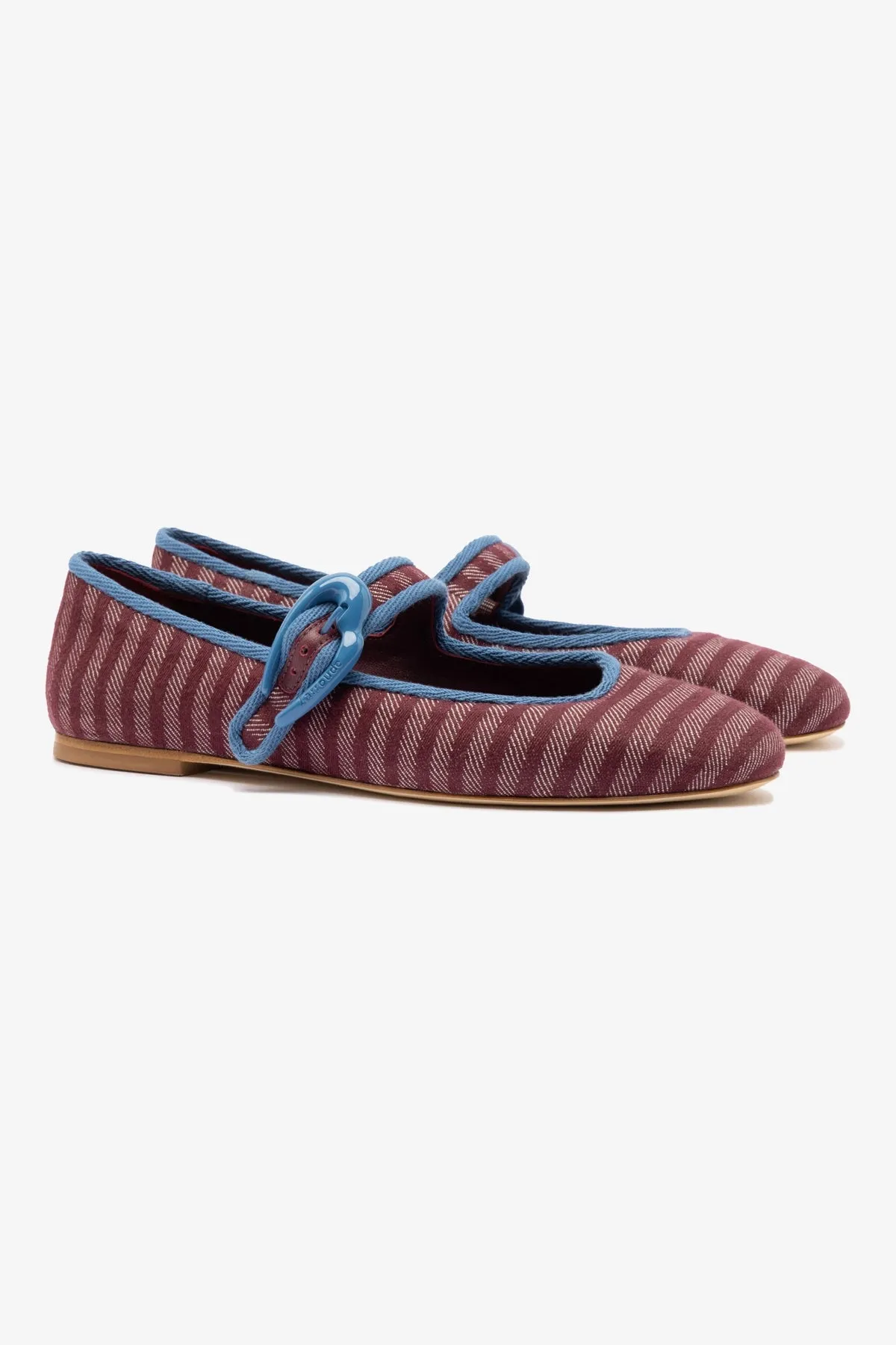 Verona Ballet Flat In Wine Striped Fabric and Blue Stoned Trimming