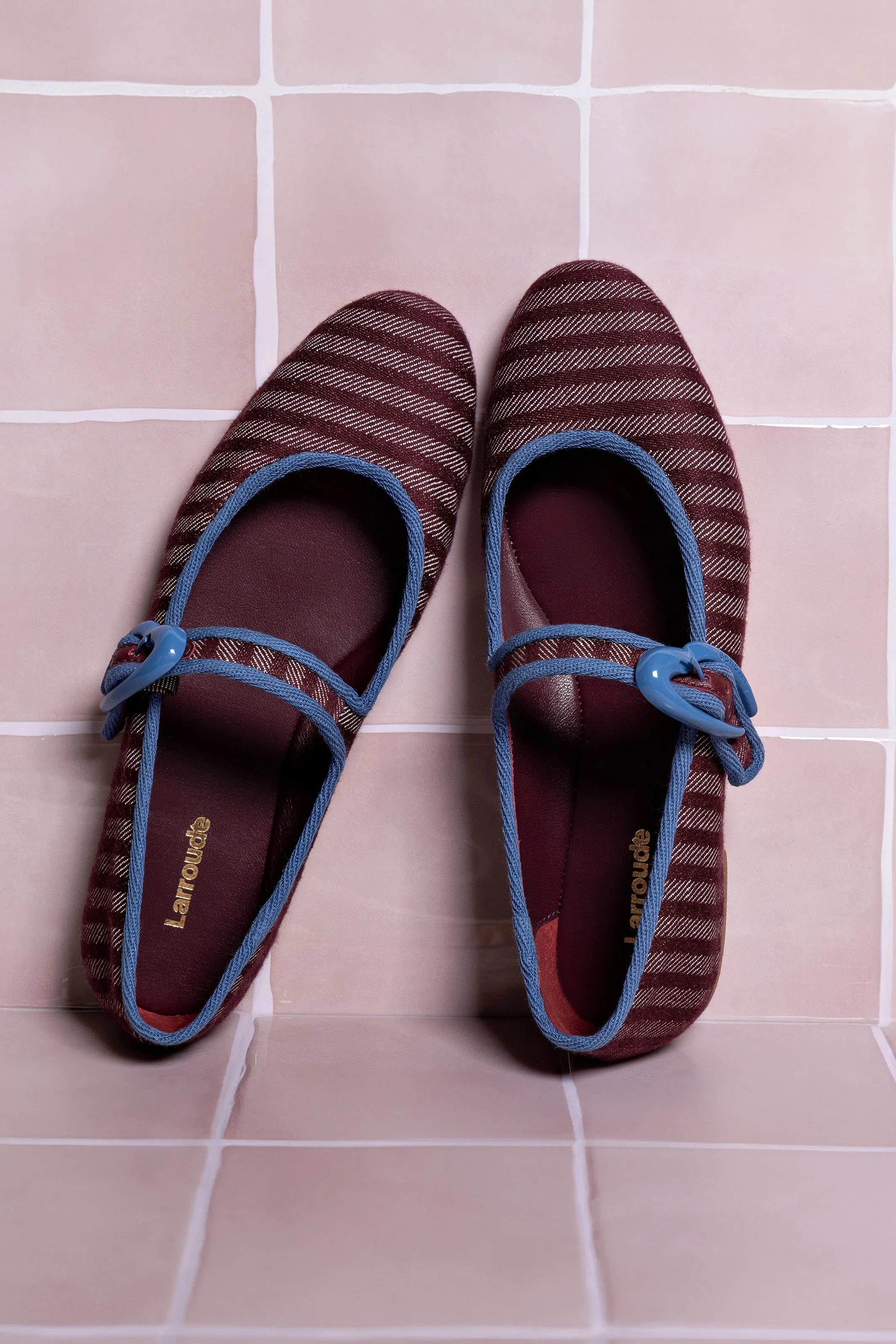 Verona Ballet Flat In Wine Striped Fabric and Blue Stoned Trimming