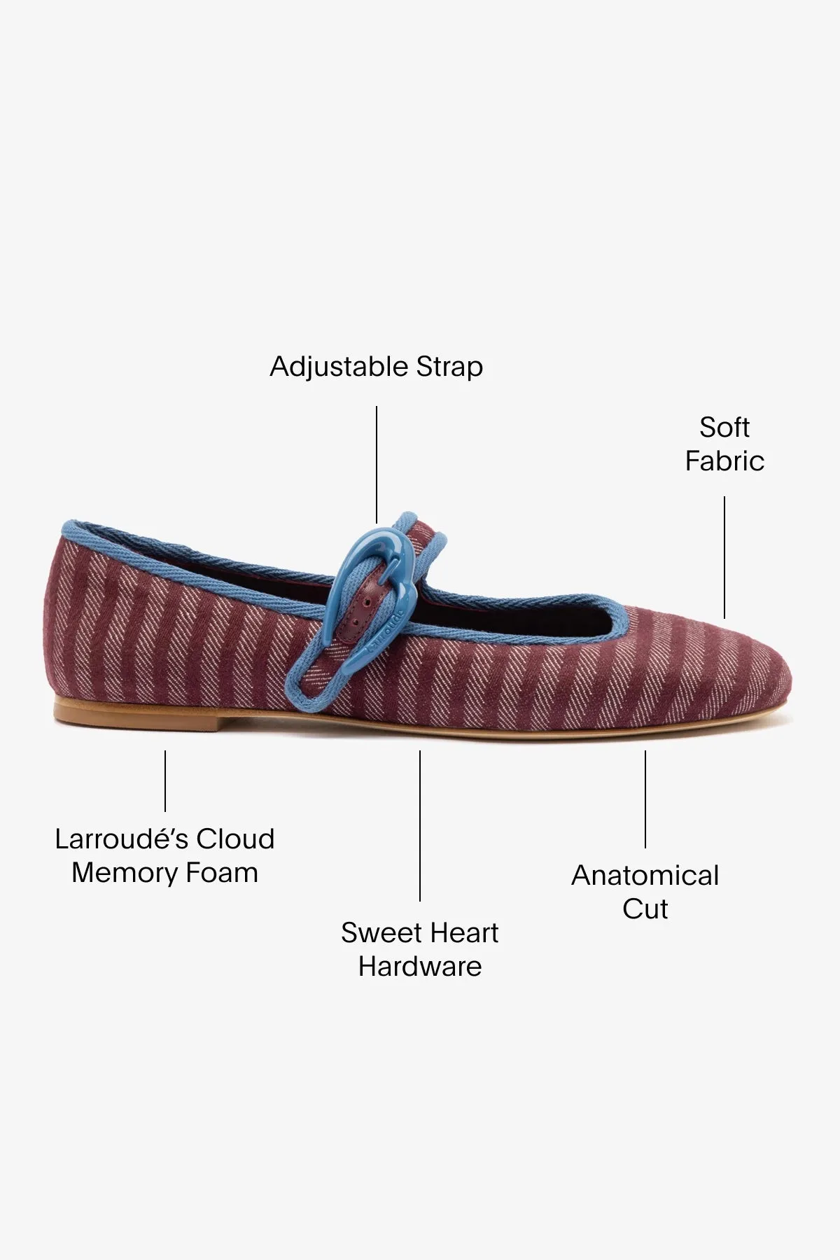 Verona Ballet Flat In Wine Striped Fabric and Blue Stoned Trimming
