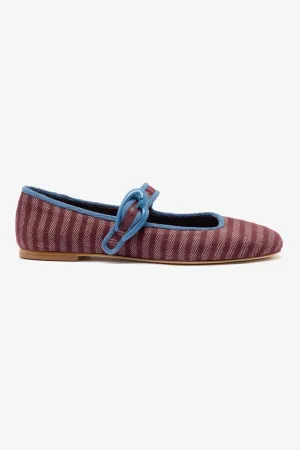 Verona Ballet Flat In Wine Striped Fabric and Blue Stoned Trimming
