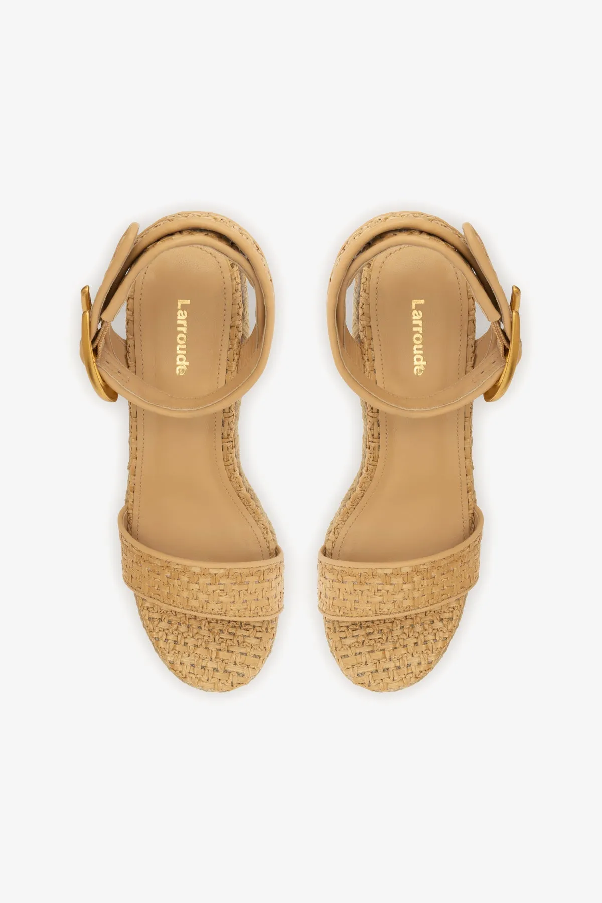 Verona Low Wedge In Beige Leather and Natural Raffia