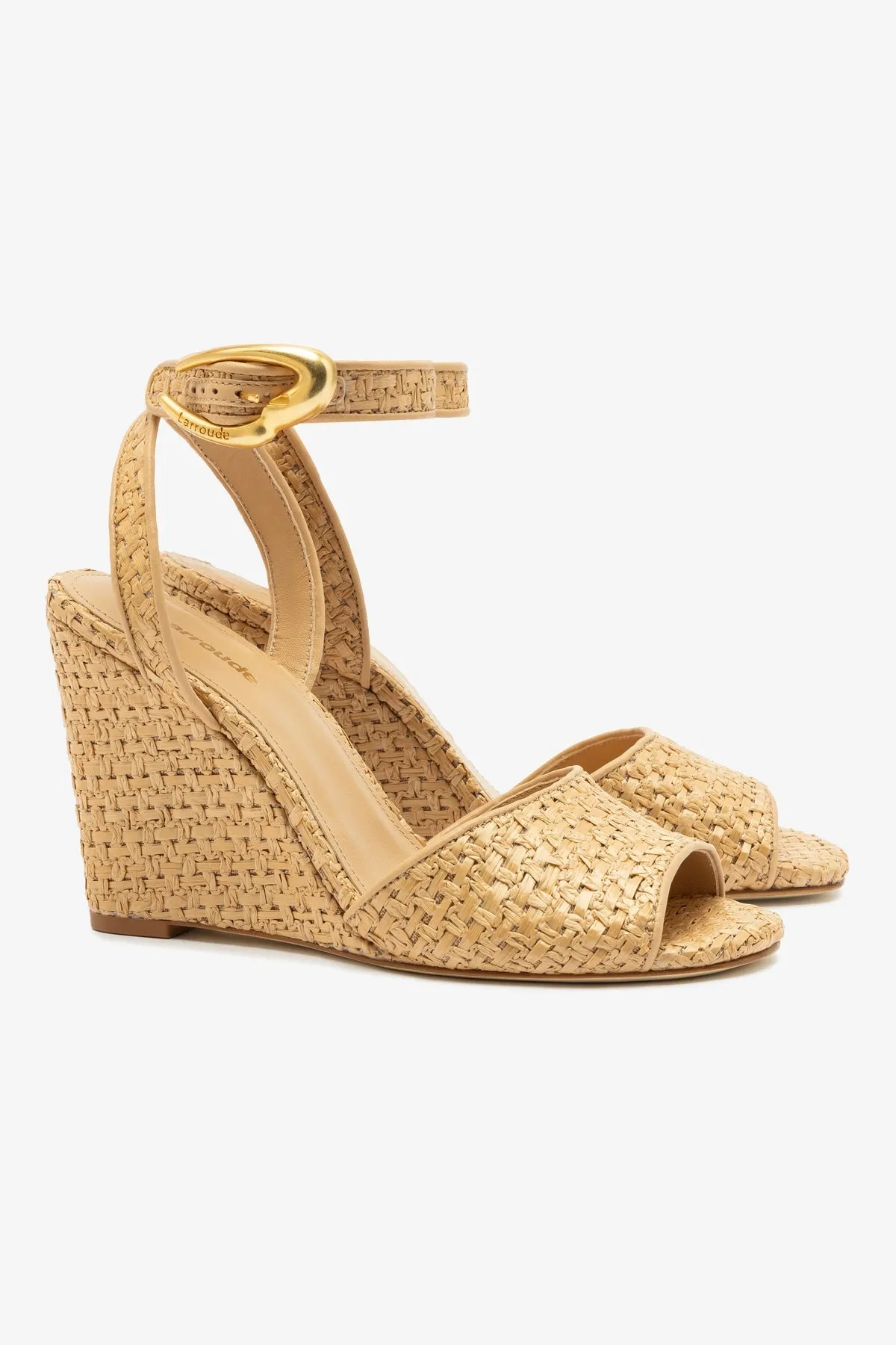 Yves Verona Wedge In Beige Leather and Natural Raffia
