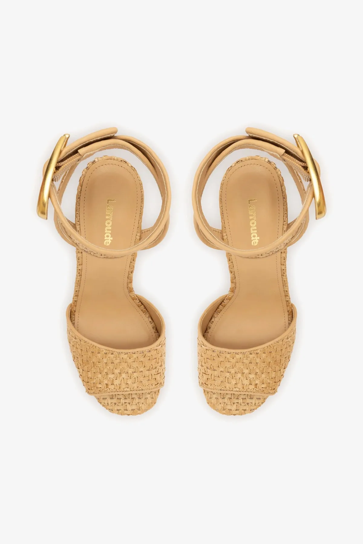 Yves Verona Wedge In Beige Leather and Natural Raffia